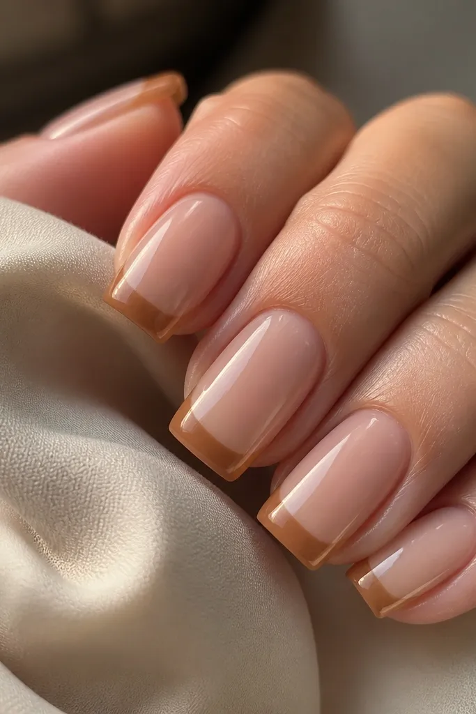 A close-up of square nails painted with a sheer nude base. The French tip is a warm caramel-brown stripe with a soft creamy finish. The side edges look extra clear and glossy, creating a clean border around the tip.