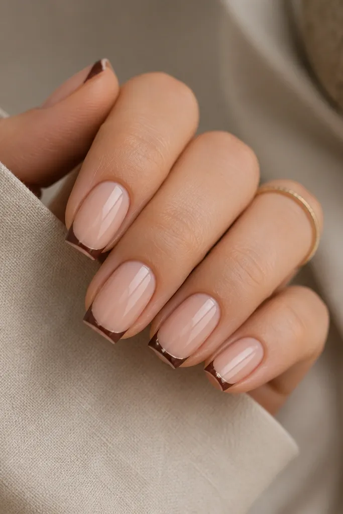 Square nails with a glossy nude base. Only a thin espresso-brown French line sits right at the free edge. The center of the tip has a small negative-space gap that looks like a smile line highlight.