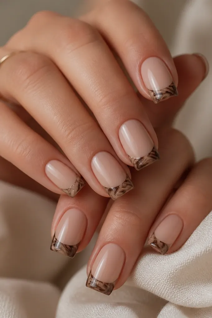 Square nails with a nude base. The French tip looks like mocha marble with swirls in dark brown and taupe. The marble sits only on the tip and looks slightly raised but smooth under top coat.