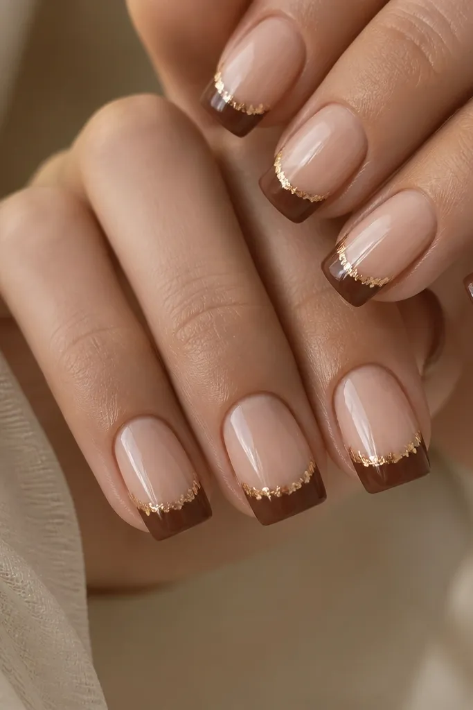 Square nails with a nude base. The French tip is carob brown. Along the outer edge of the French line there are thin gold foil fragments like a flick of metal.