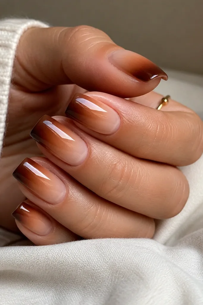 Square nails with a nude base fading into a sienna-brown ombre at the tip. The darkest brown sits right at the free edge, then fades upward into a lighter caramel tone.