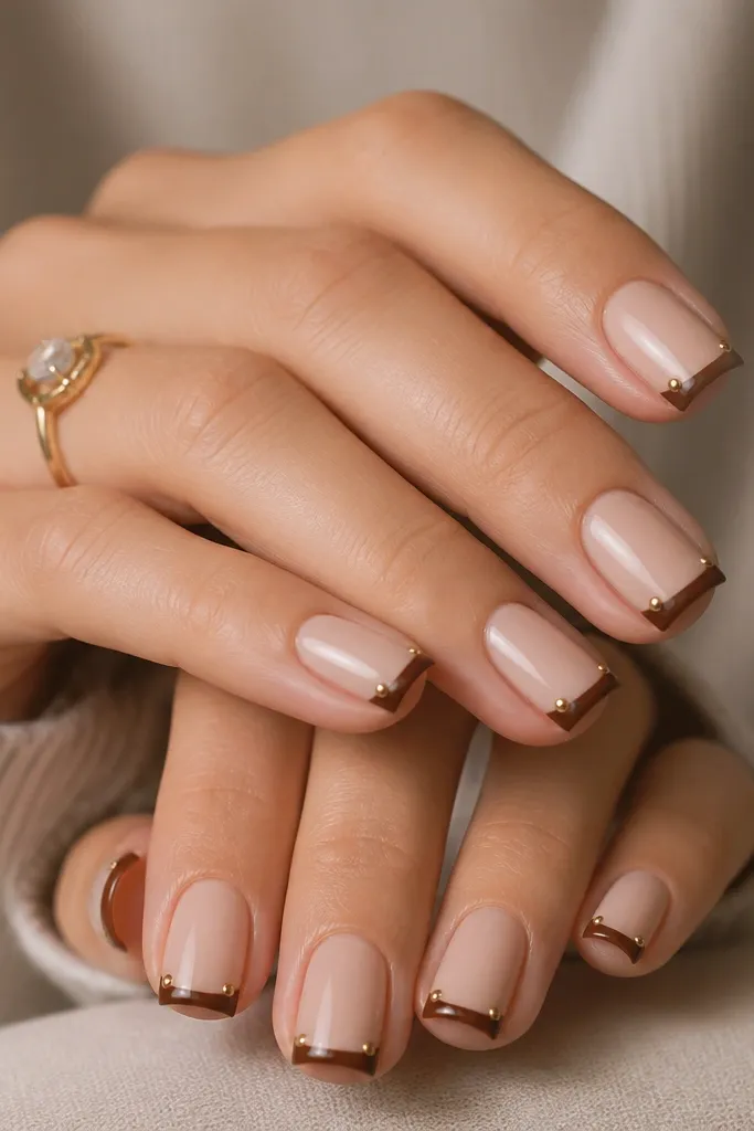 Square nails with a nude base and a clean cocoa-brown French tip stripe. Two tiny dots sit at each upper corner of the French, like small studs.