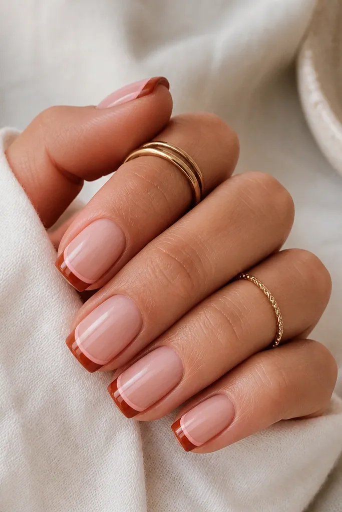 Square nails with a nude base. The French tip is rust brown. A second ultra-thin rose-pink line runs just inside the brown stripe, creating a double-line effect.