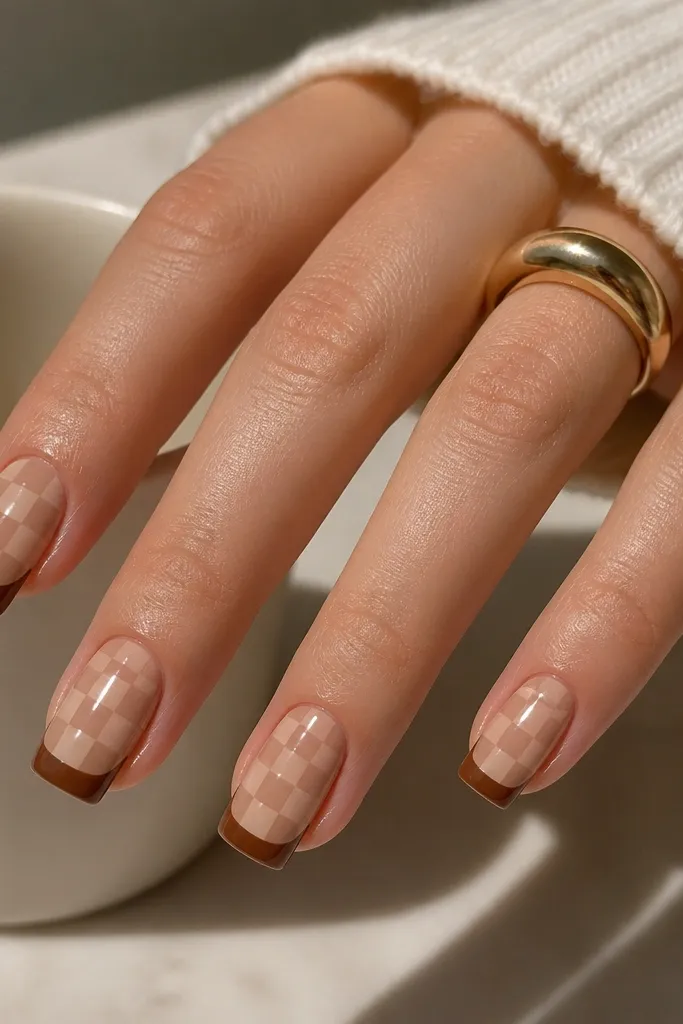 Square nails with a glossy base that has a subtle checker pattern in warm taupe and nude. The French tip is a solid warm brown band at the free edge.
