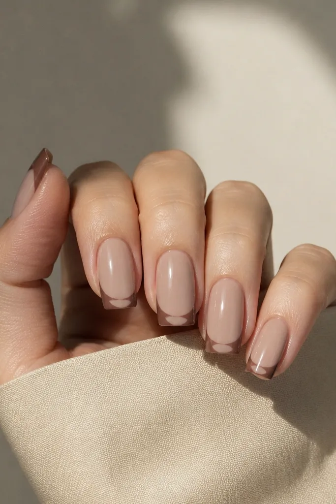 Square nails with a creamy mocha nude base. The French tip is brown but shaped like an upside-down half moon cutout in the center, leaving a nude crescent gap.