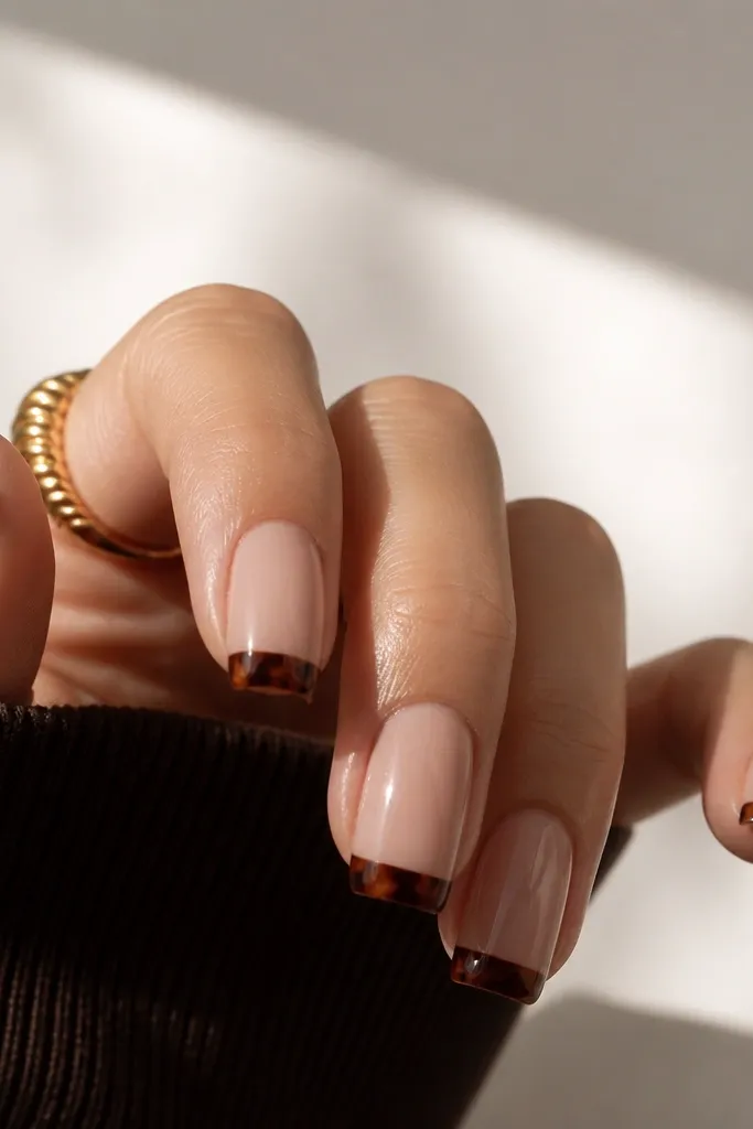 Square nails with a nude base. The French tip is chestnut brown with small irregular specks in lighter caramel and darker umber, like tortoiseshell.