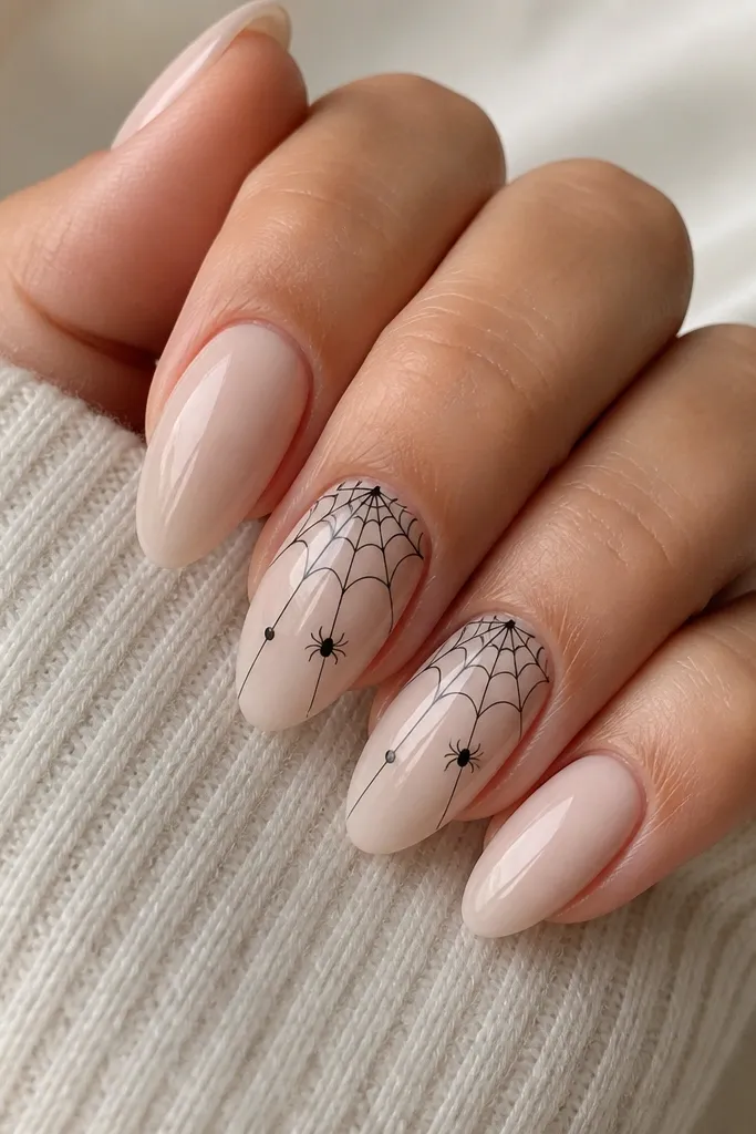 Five almond nails in a milky nude base. Two accent nails have a fine black spider web pattern radiating from the cuticle. Small black dot spiders sit near the web intersections, with a glossy finish.