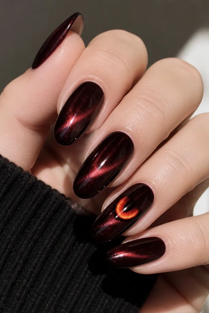 Almond nails in deep black cherry cat-eye polish that shifts with a red sheen. One accent nail has a small crescent of bright orange near the center, like a glowing eye, with glossy shine.