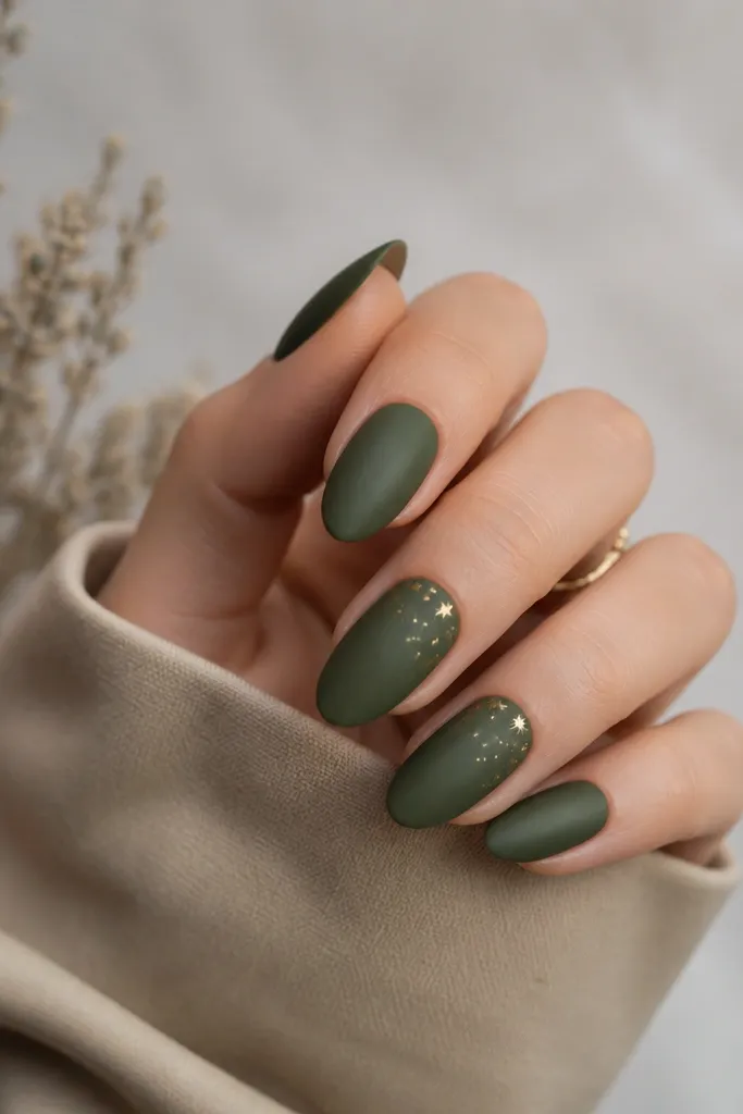 Almond nails painted matte witch green. On two nails, tiny gold star specks are scattered near the cuticle. All nails have a soft, velvety matte finish.