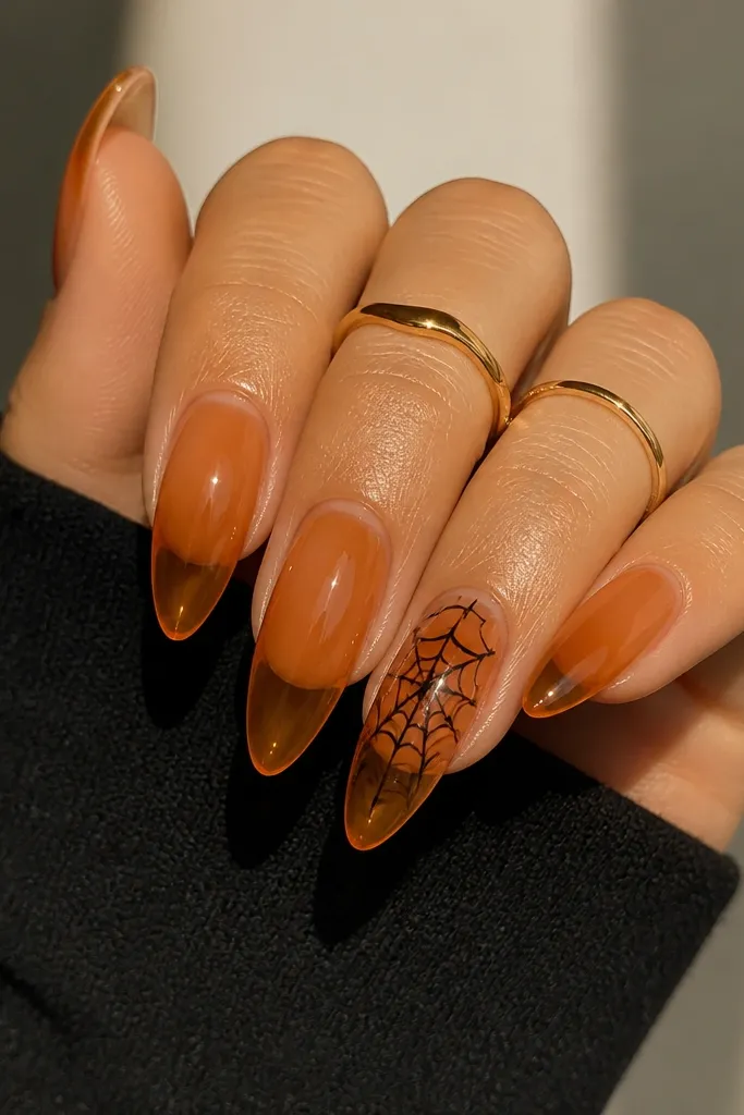 Almond nails in a clear jelly orange that shows the nail bed through. One accent nail has a black web drawn from cuticle to tip, with a glossy finish.