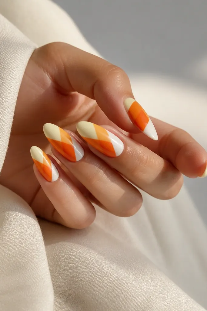 Almond nails with a diagonal split: pale yellow on one side of the nail, orange in the middle band, and white on the other side near the tip. Glossy finish and sharp edges.