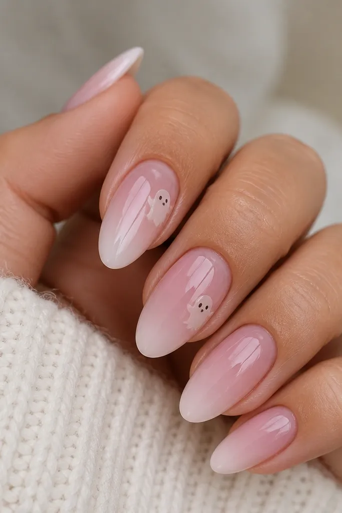 Milky pink almond nails with a soft fade of white near the tip. Two nails have small translucent ghost stickers placed near the cuticle, with a glossy finish.