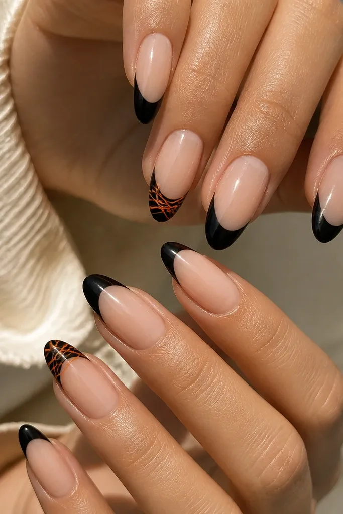 Almond nails with a glossy black French tip. Thin orange lines form a web around the French line edge on two accent nails, like orange threads wrapping the black tips.