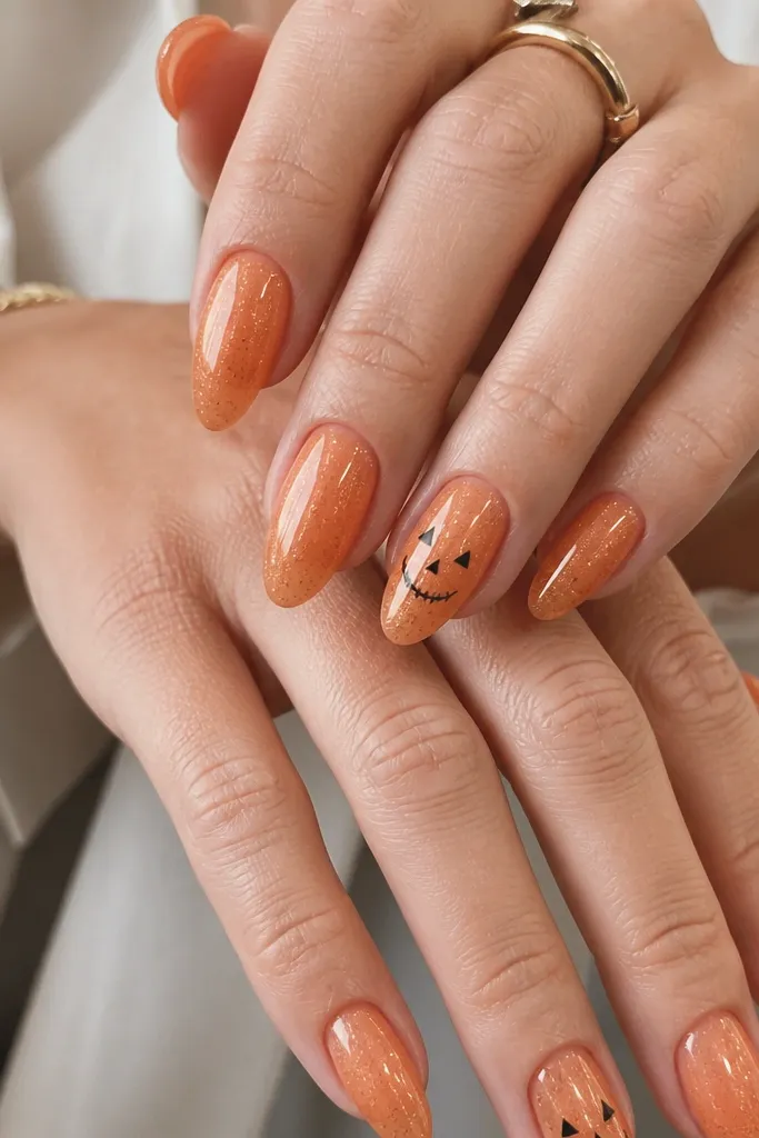 Almond nails with a sheer orange glaze and fine orange glitter. Two accent nails have a thin black jack-o-lantern smile line and two small triangle eyes, spaced like a face.