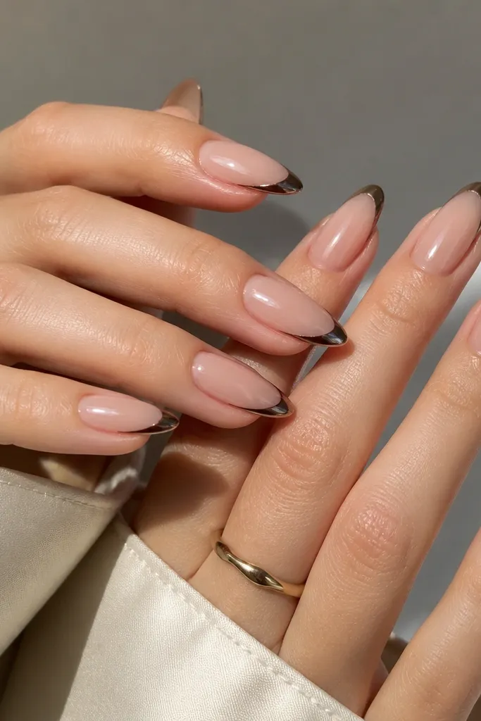 Long almond nails with a clear nude base. The French tips are a super thin band of deep cocoa brown mirror chrome, perfectly centered and sharply curved. The whole set has a glassy high-shine top coat.
