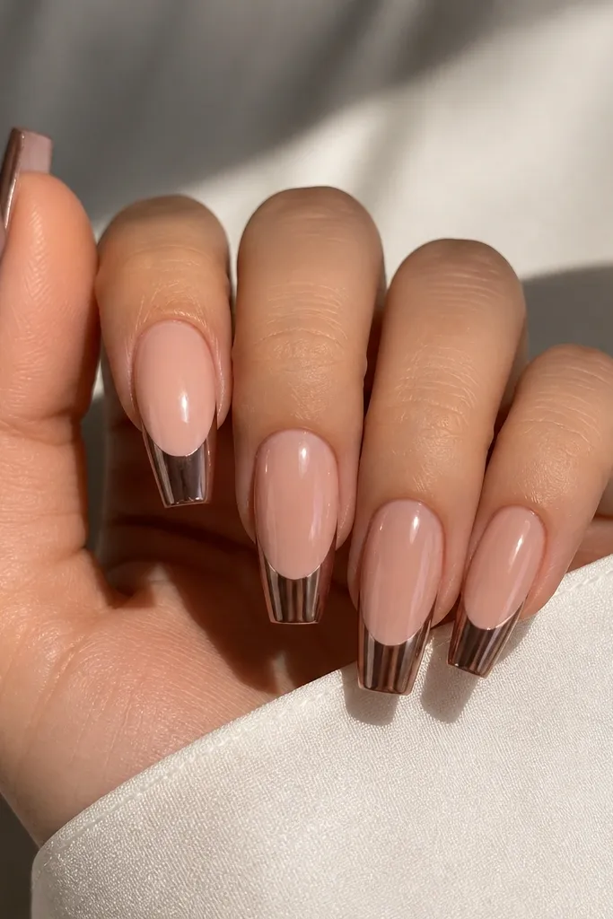 Medium coffin nails with a creamy nude base. The French tips are bold and wide, coated in latte-brown chrome that looks metallic and smooth. The edges are crisp with a rounded smile curve and a thick glossy top coat.