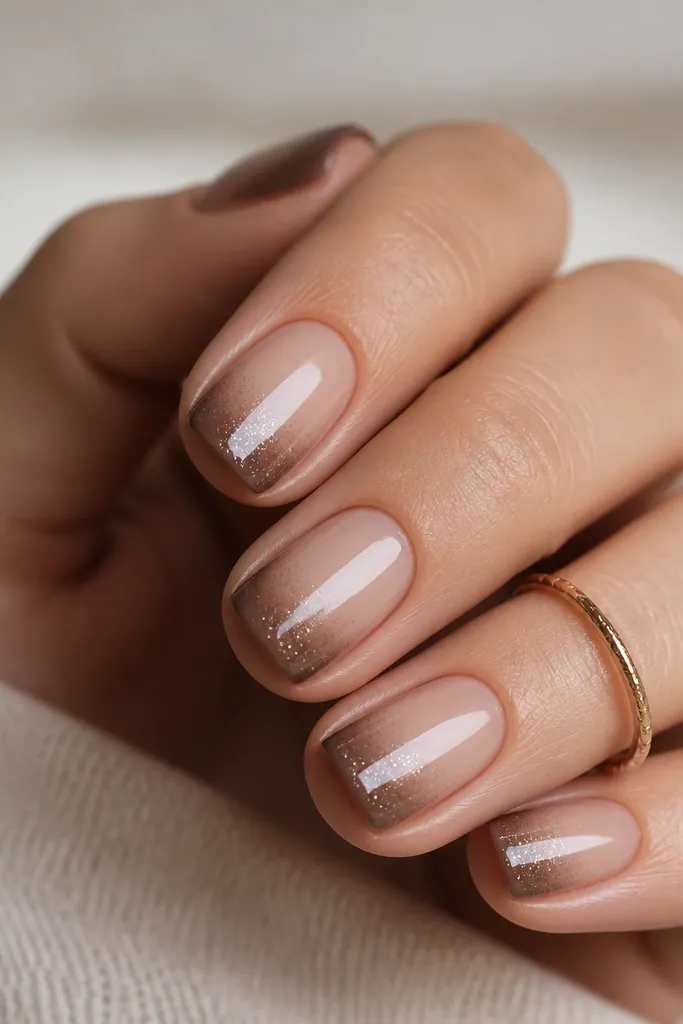 Short square nails with a sheer taupe nude base. The French tips are mocha taupe with a soft fade into the nude, and the transition has tiny brown micro-glitter. The tips are glossy with no chunky sparkle.