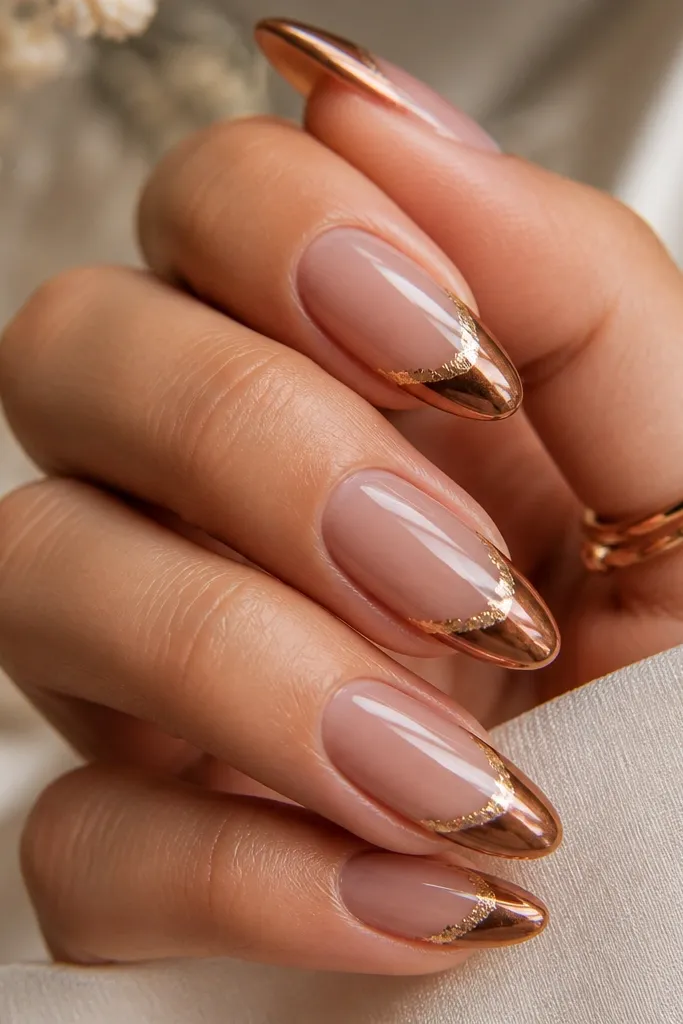 Medium almond nails on a clear nude base. The French tips are caramel-brown mirror chrome. Along the very edge of the French line there are thin gold foil fragments, like a worn-gold frame. Everything is glossy and reflective.