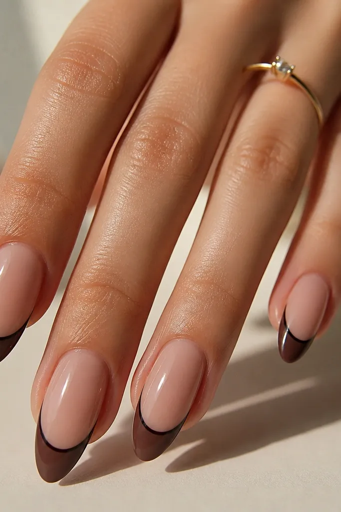 Medium almond nails. The base is a nude gel. The French tips are espresso brown (slightly satin). Then there's a super thin glossy black-brown gel liner that traces the smile curve right at the top edge of the French. High-gloss top coat over everything.