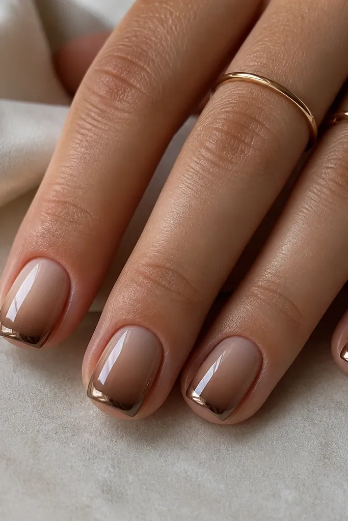 Short square nails with an ombre base that fades from nude near the cuticle into warm mocha near the free edge. The French tips are coated in mocha-brown chrome and sit on top of the ombre. The nails have a bright, glossy finish.