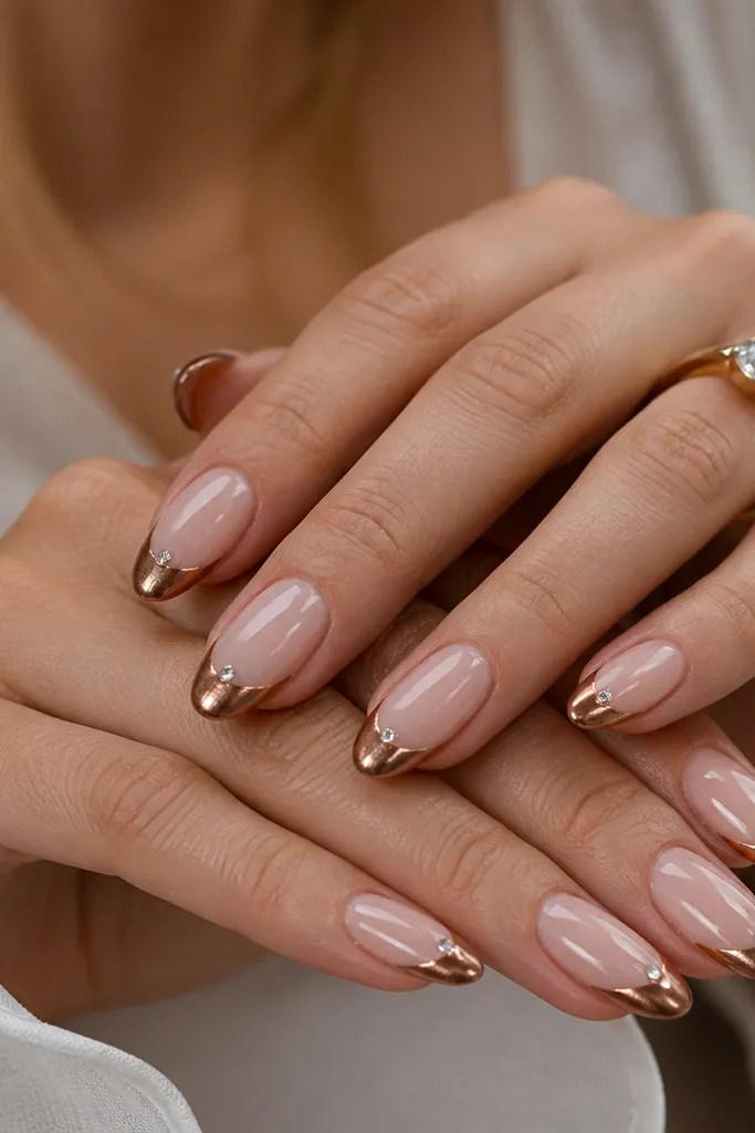 Medium almond nails with a glossy nude base. The French tips are caramel-brown chrome. On the outer corner of each French tip, there are one or two tiny clear rhinestones set like micro dots. Everything is shiny and neatly sealed.