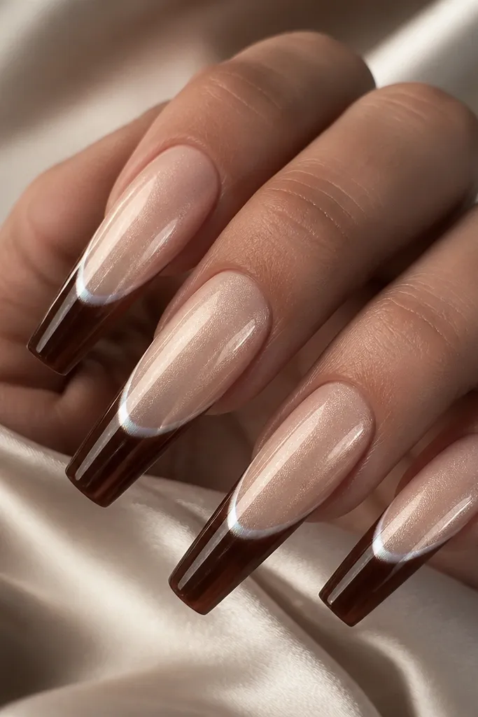 Long coffin nails with a sheer champagne-pearl base. The French tips are dark brown, but you can see a subtle pearly glow at the inner edge of the smile. The brown tip is glossy and looks like it has a soft halo from the underlayer.