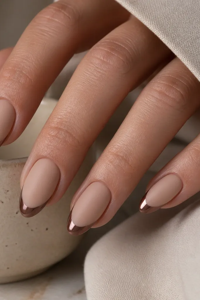 Medium almond nails. The nude base is matte, like a soft velvet finish. The French tips are warm brown chrome with a glossy mirror shine, creating a clear contrast between matte base and shiny tip.