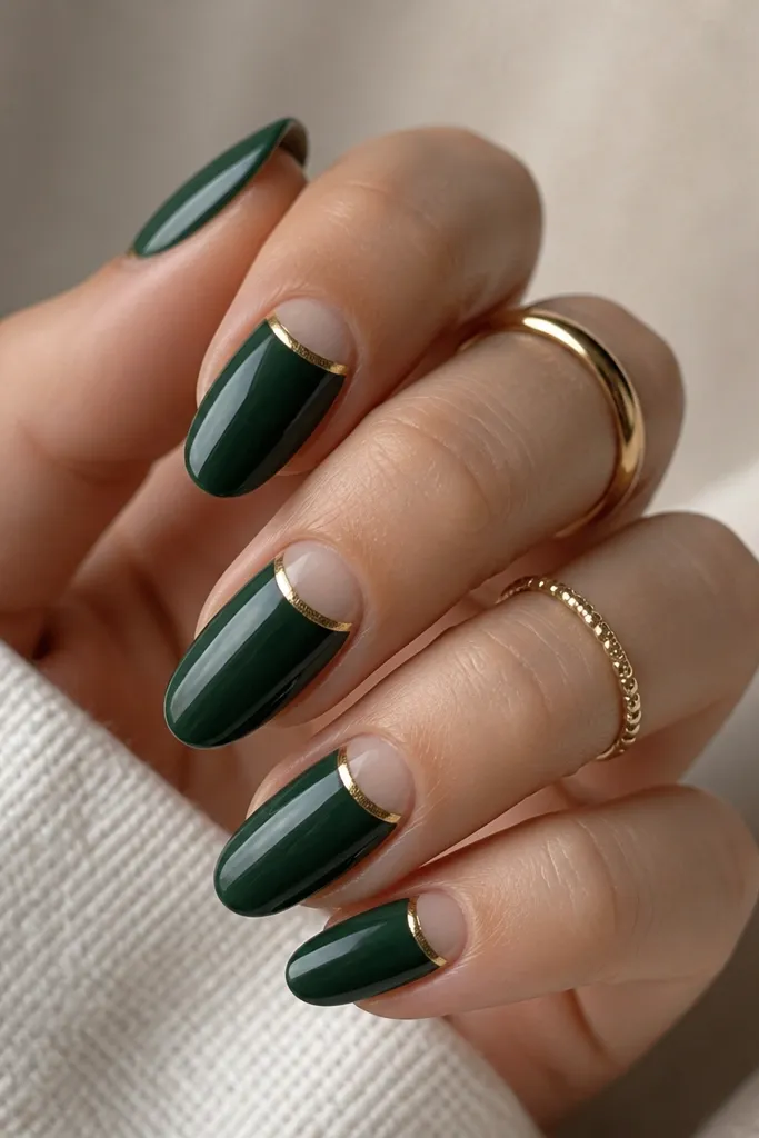 Four nails show a deep emerald base covering the nail except a clear curved band near the cuticle; the band has a thin metallic gold line following the curve. Other nails have the same gold smile but the emerald is slightly darker toward the sides. The gold looks like fine striping tape, crisp and straight.