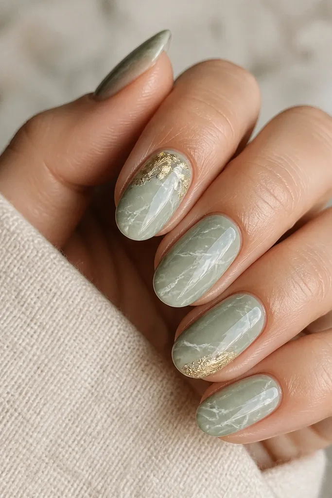 Most nails are soft sage with cloudy white veining like marble. Two accent nails have tiny gold leaf placed in the top left and bottom right corners, with irregular edges. The marble swirls are thin and airy, not solid blocks.