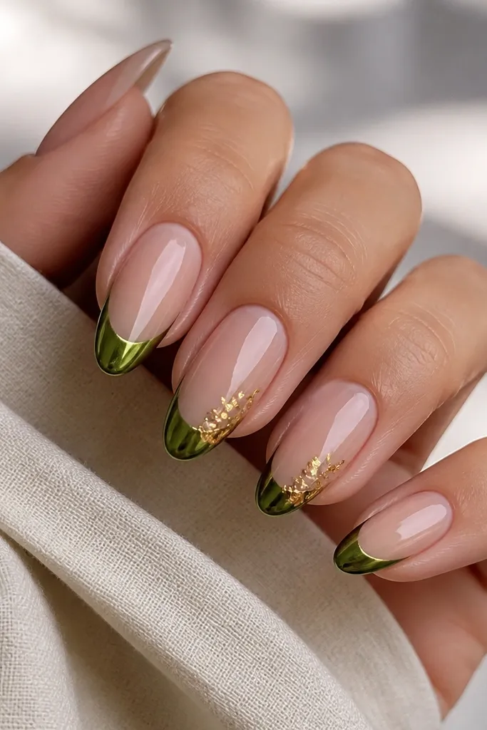The nail has a nude-pink base. The tips are coated in mirror chrome green, with a sharp line at the free edge. On two nails, tiny flakes of gold foil sit near the side of the tip, like confetti caught in glass.
