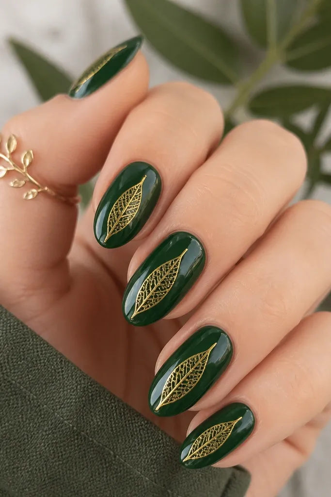 All nails are deep emerald glossy. Over each nail is a gold leaf-vein pattern stamped from a stamping plate, centered and slightly diagonal. The gold lines look crisp like metal ink.