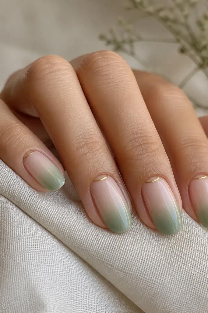 Nails start with a nude base. The color fades into sage ombré toward the tip. Near the cuticle, each nail has a gold half-moon outline, like a reverse French accent but thinner.