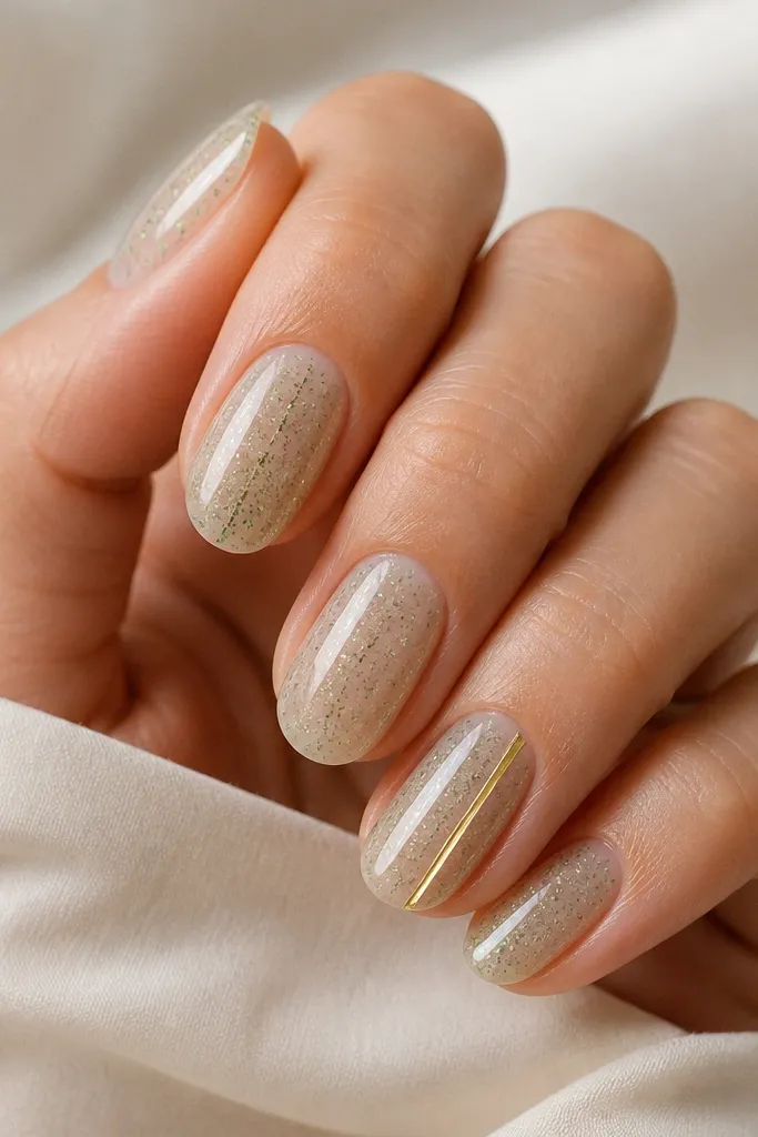 Nails have a translucent jelly base with green glitter suspended inside. On two nails, a gold strip runs down the sidewall area from near the cuticle to the free edge. The gold line is straight and narrow.