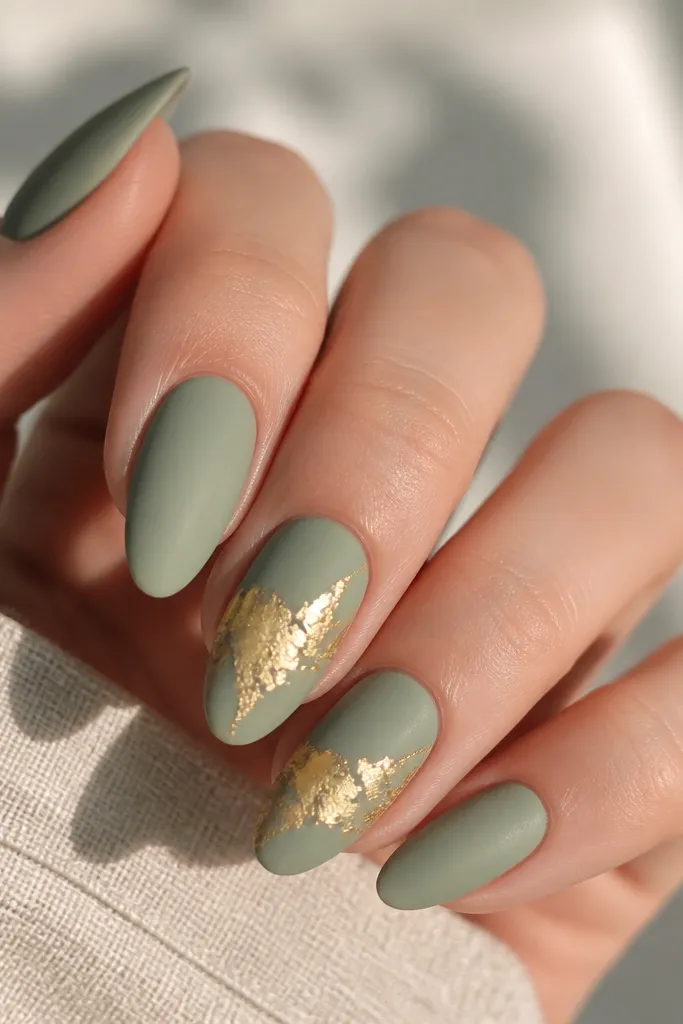 Nails are sage with a matte finish. One or two nails have a dramatic gold foil burst across the middle, like torn paper spreading outward. The foil looks bright and textured under the matte surface.