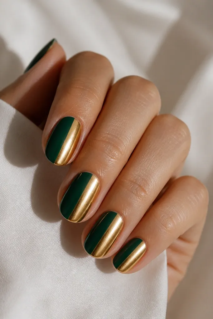 Each nail is split vertically down the center. One side is emerald green glossy, the other side is metallic gold. The split line is crisp, straight, and centered.