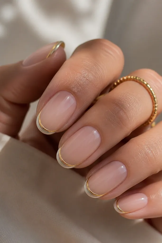 The nails have a sheer nude base. A very thin sage line runs along the free edge like a micro French. Around that sage line is a thin metallic gold outline, creating a double-line effect.