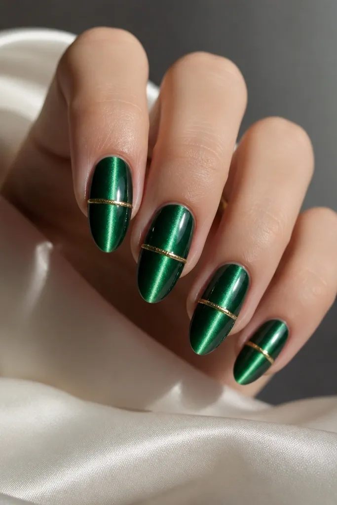Nails are emerald cat-eye gel that shows a bright, vertical light streak. Around the center of each nail is a thin gold halo ring, slightly arched, like a circular bracelet. The rest of the nail stays emerald with no other art.