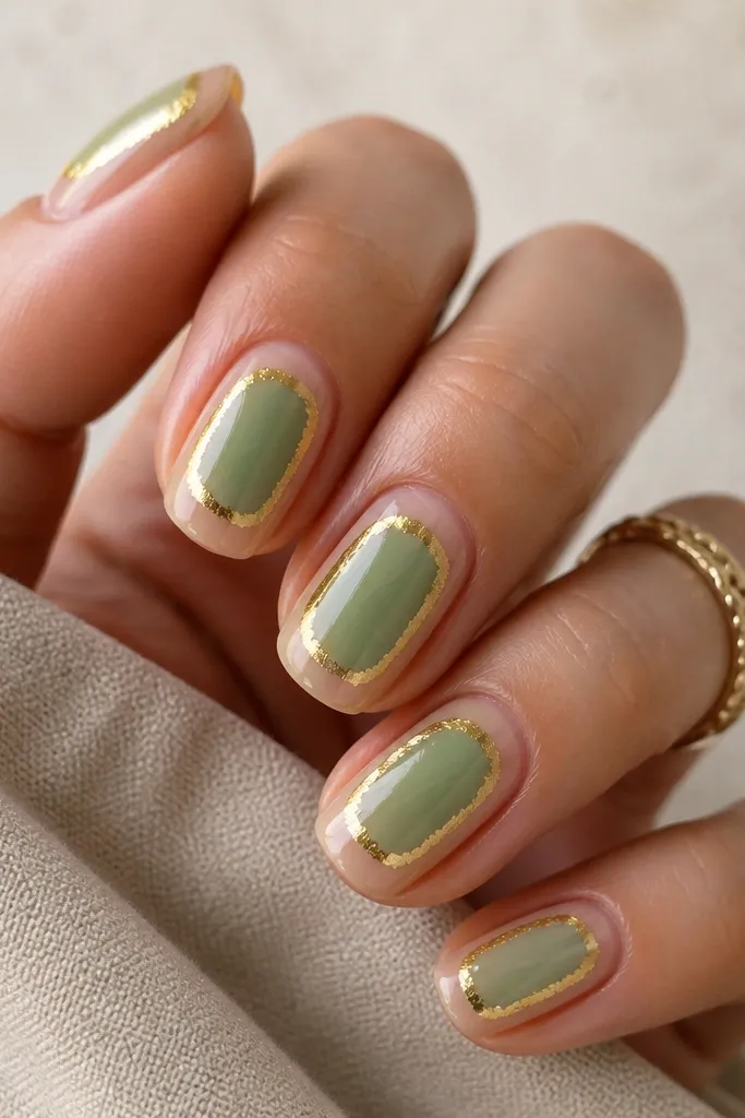 Nails have a nude base with a sage "window" panel centered on the nail. Gold foil forms a thin frame around the edges of the sage panel, like a picture border. The foil is bright and irregular but contained.