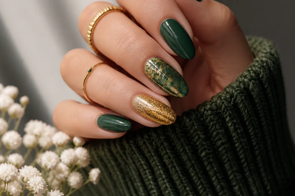 Year round green and gold nails