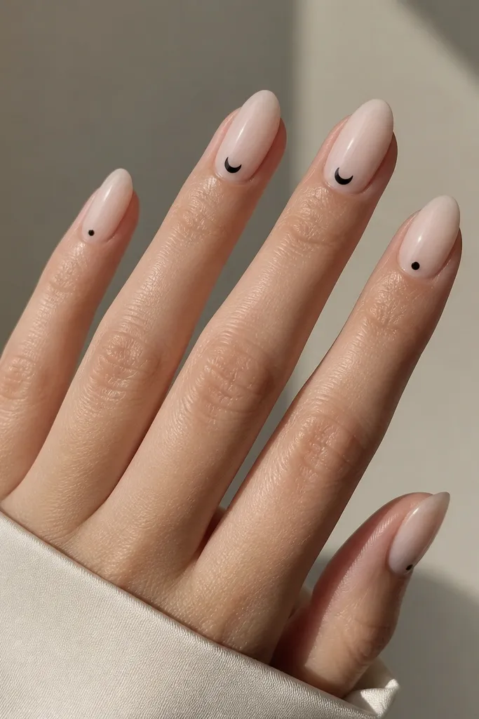 Three nails show a glossy milky nude base. Each has a small black crescent moon sitting right under the cuticle line on the center of the nail. Two nails are plain nude with only a tiny black dot near the cuticle.