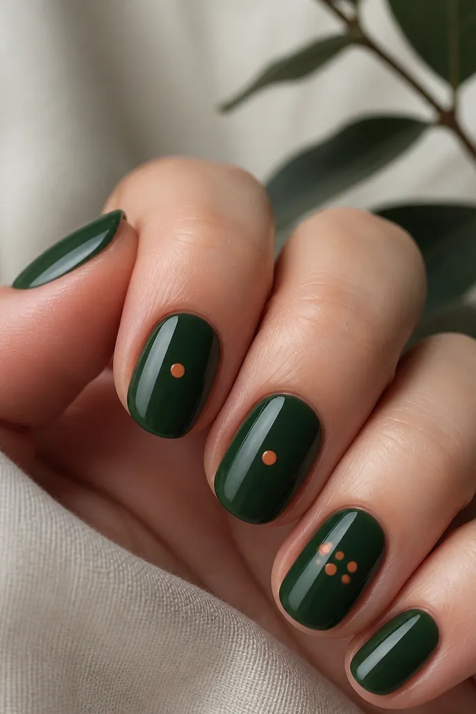 Deep forest green nails, high shine. On two accent nails, there is a single muted orange dot near the center. On one nail, there are three tiny orange dots lined like a simple face: two eyes and a nose dot.