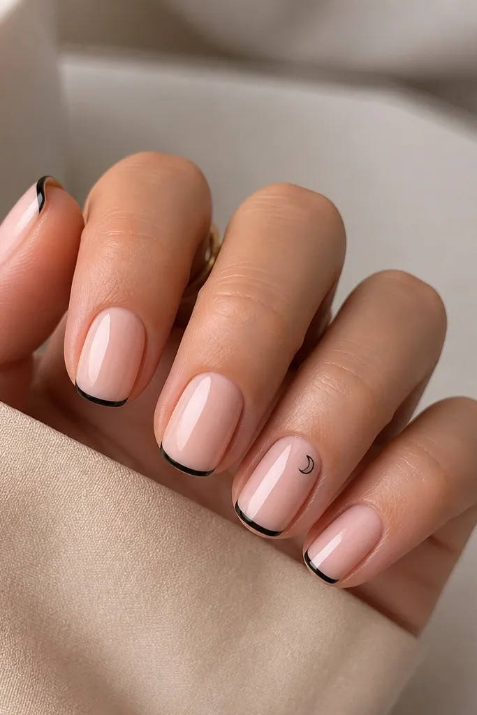 Soft pink base with a super thin black line at the very tip, like a reversed French. The black line is crisp and straight, about 1 mm thick. One nail has a tiny black crescent inside the pink near the sidewall.