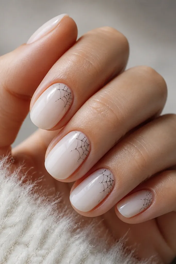 Milky white nails with a small web drawn on the sidewall of each nail. The web is made of tiny black dots connected by very thin lines, like a minimal spider web. Most nails have only one web section near the cuticle side.