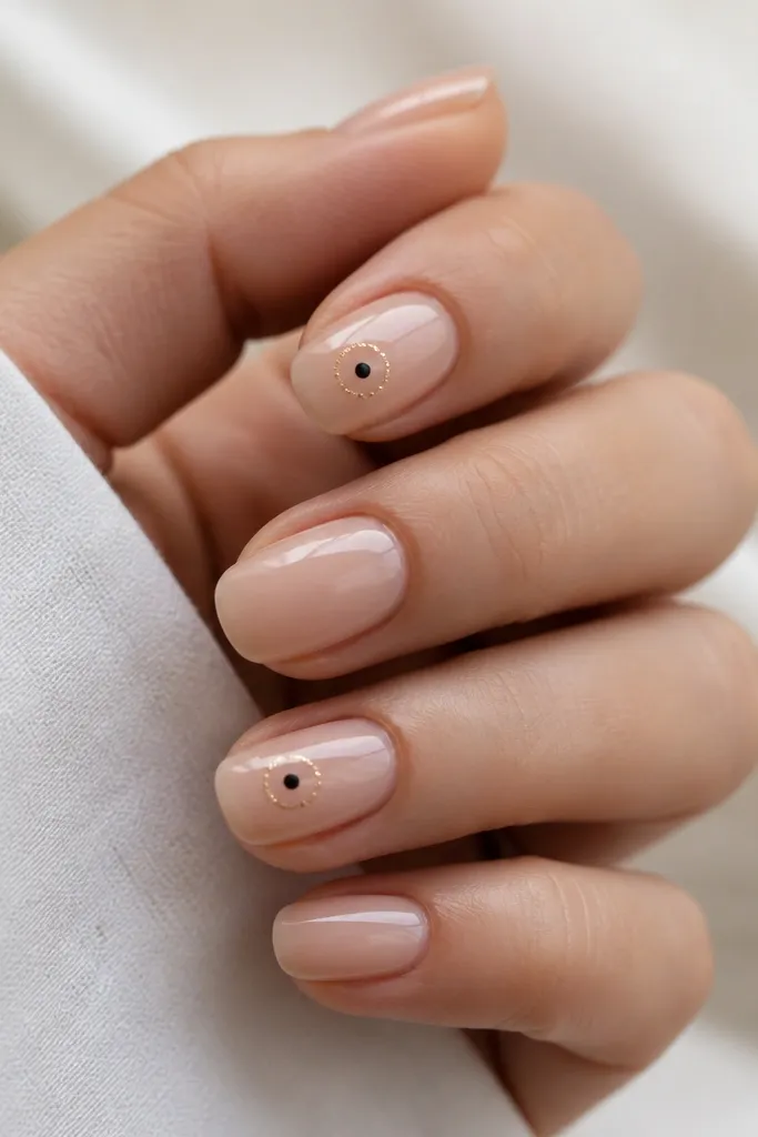 Clear nude nails with glossy finish. On each accent nail, a tiny black dot sits near the center, surrounded by a thin ring of micro gold glitter like a halo. Other nails are plain clear nude.