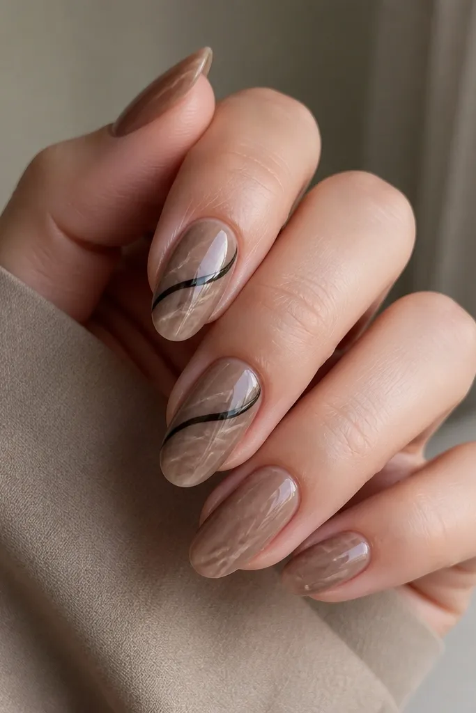 Warm taupe nails with soft marble swirls in lighter taupe. On two nails, there's a single black curved stroke near the middle that looks like a cat's eye. The rest are plain marble.