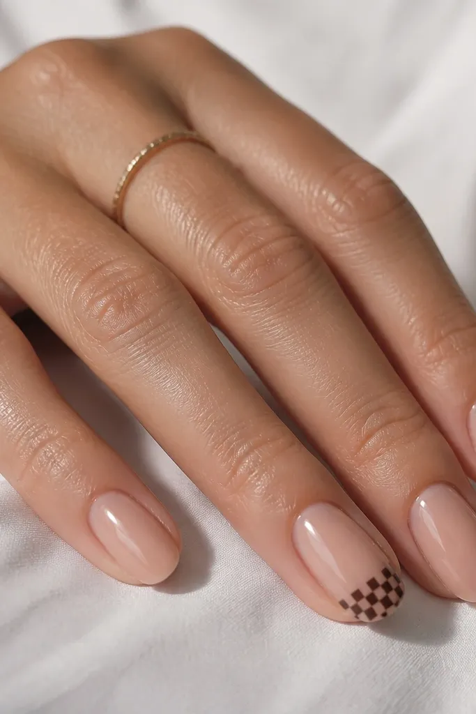 Nude glossy nails with one accent nail. The accent nail has a tiny checker pattern in black and dark brown near the tip, only covering the last third of the nail. The checker squares are small and evenly spaced.