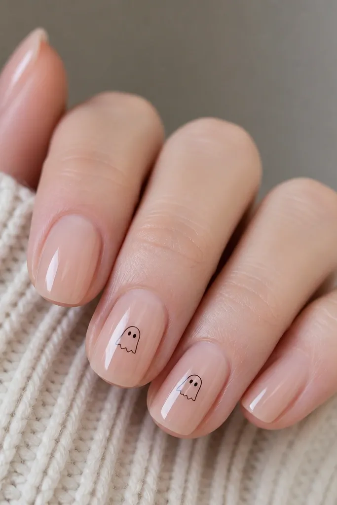 Sheer nude nails, glossy. Two nails have a tiny ghost outline drawn in black at the center, just above the middle. The ghost has two dot eyes and a curved bottom, with lots of nude space around it.