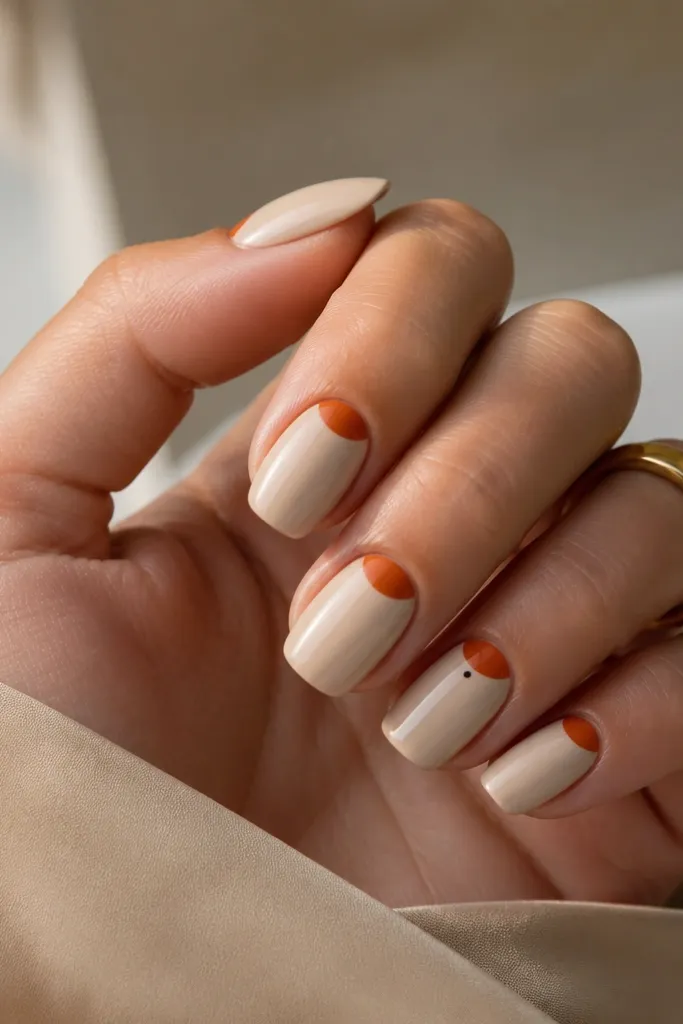 Creamy nude nails with a burnt orange half-moon at the cuticle. The half-moon is crisp and sits right under the nail bed, centered. One nail also has a tiny black dot below the half-moon.