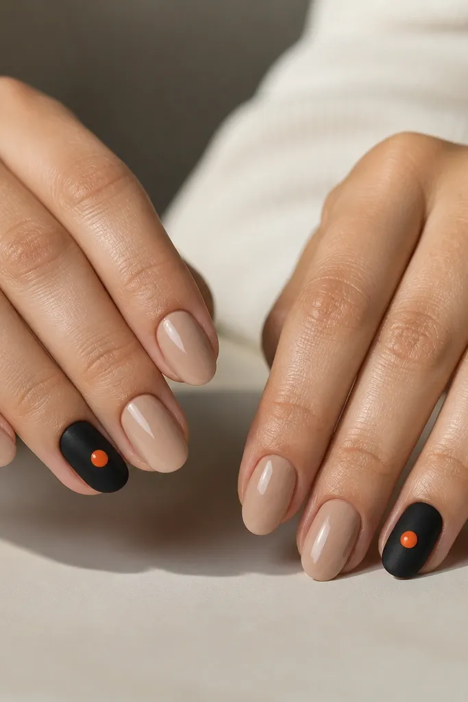 Most nails are glossy nude. One nail on each hand is fully matte black. On each matte black nail, there's a single glossy orange dot near the center that reflects light.