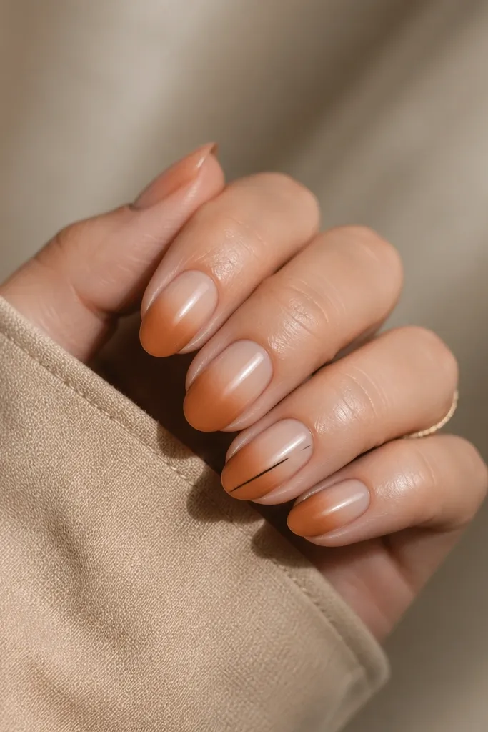 Short almond nails with a brown sugar ombre that fades from nude at the cuticle into warm caramel at the tip. On one nail, there's a thin black line angled diagonally like a broom handle near the middle.